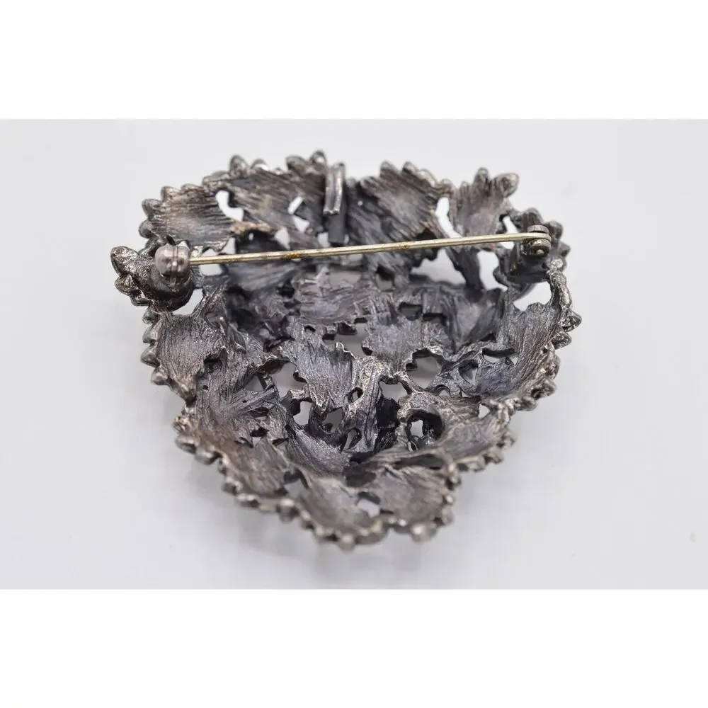 Vintage Leaf Pin Brooch Brushed Silver Pewter Textured Leaves Chunky 1980s 9B
